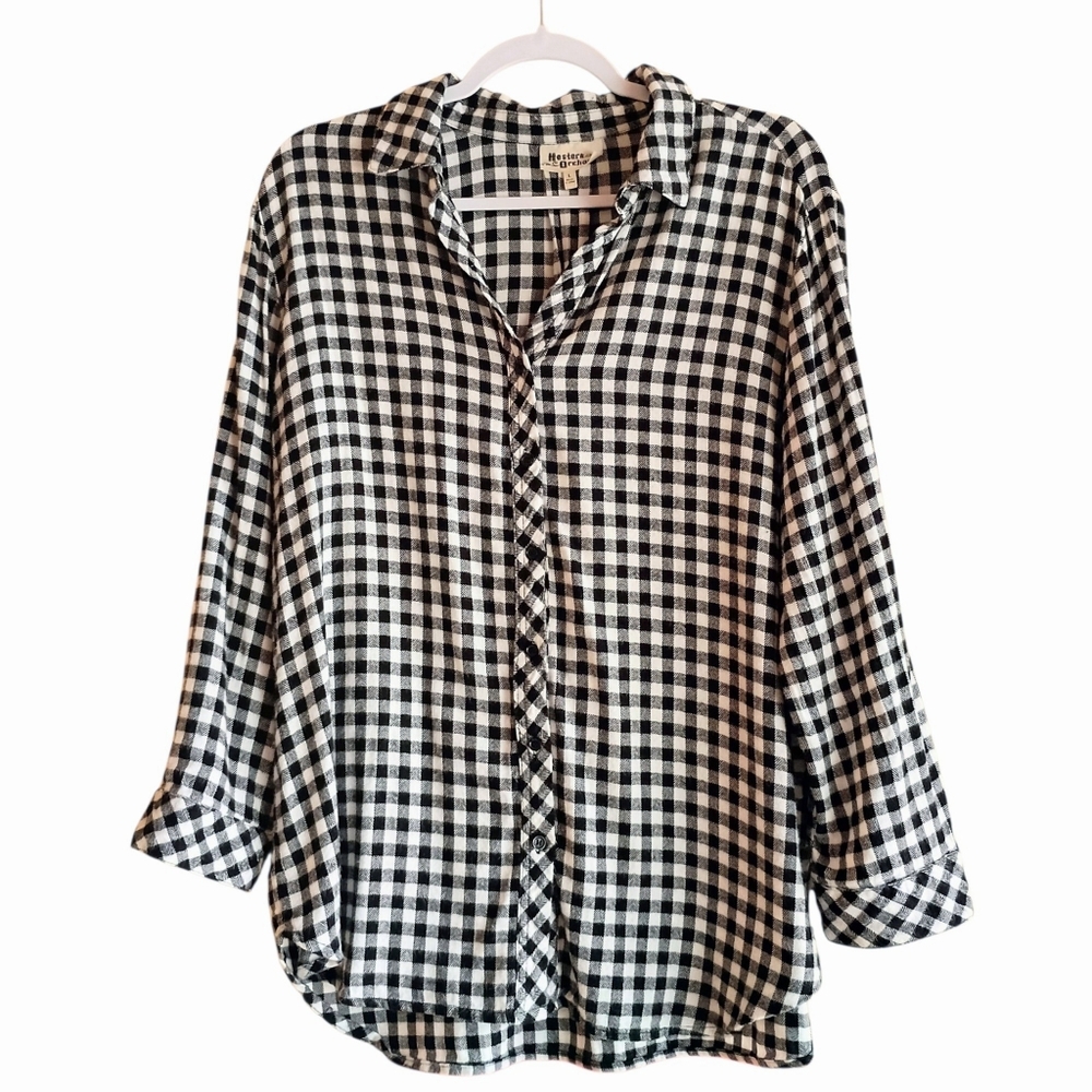 HESTER & ORCHARD‎ Women's Shirt Top Black White Plaid Checks Button Down LARGE - Picture 3 of 9
